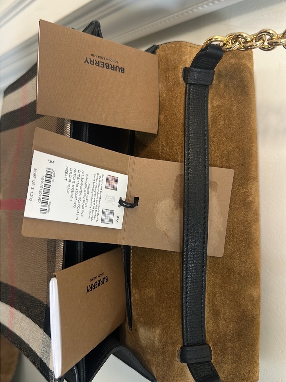 Burberry Black Leather & Beige Check Crossbody with Gold Hardware - Picture 4 of 11